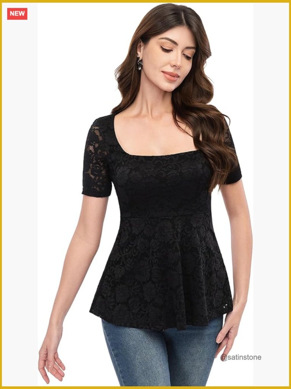 Rayon Blend Lace Tunic Blouse Scoop Neck Short Sleeve
